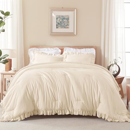 Beige Ruffled Queen Comforter Set - 3 Piece Lightweight Bedding