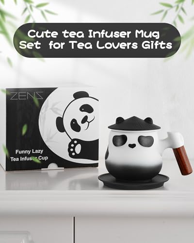 ZENS Panda Tea Infuser Mug with Lid & Coaster, 11oz - Black & White