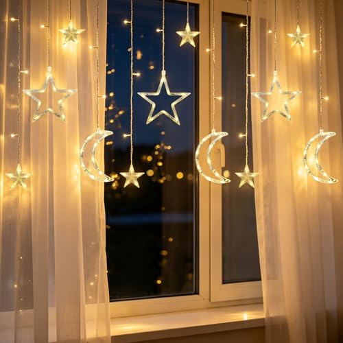 Moon Star Curtain String Lights 11.5ft 120LED with White Variation – Battery or USB Powered