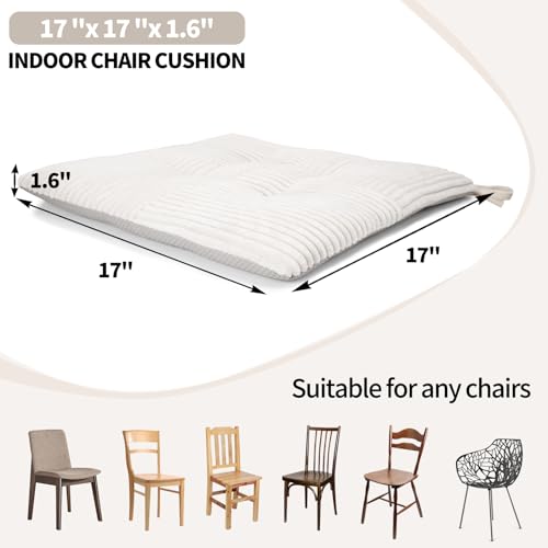 Square Corduroy Chair Cushion with Ties, 17x17 Non-Slip Seat Pad, White