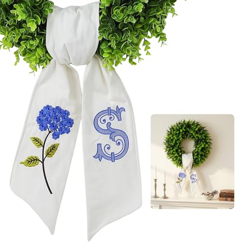Monogram Wreath Sash for Front Door Embroidered Letter S Hydrangea