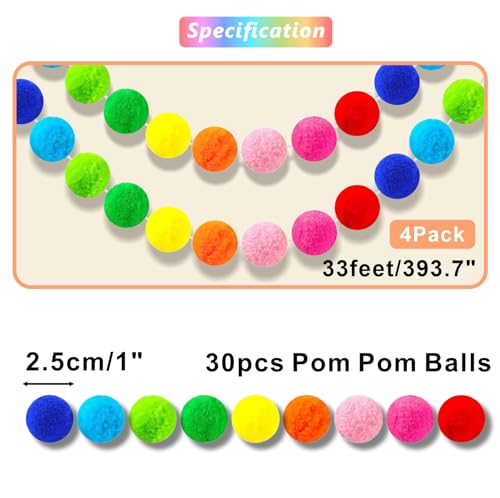 4-Pack Rainbow Pom Pom Garland, 33ft Felt Ball Banner for Party Decor