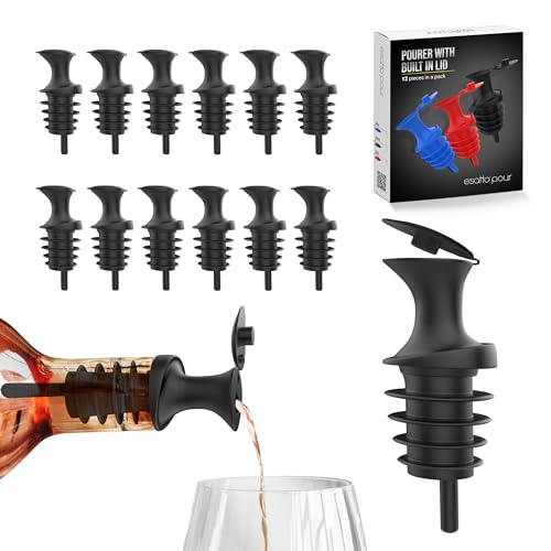 Esatto Black Pour and Seal Bottle Pourers with Lids 12 Pack | Drip-Free, Universal Cork, BPA-Free