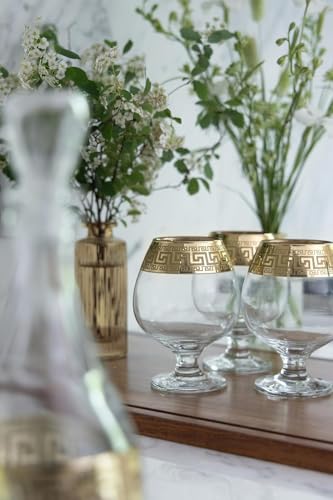 Gold Rimmed Brandy Snifter Glass Set 6-Piece Greek Key Pattern Drinkware