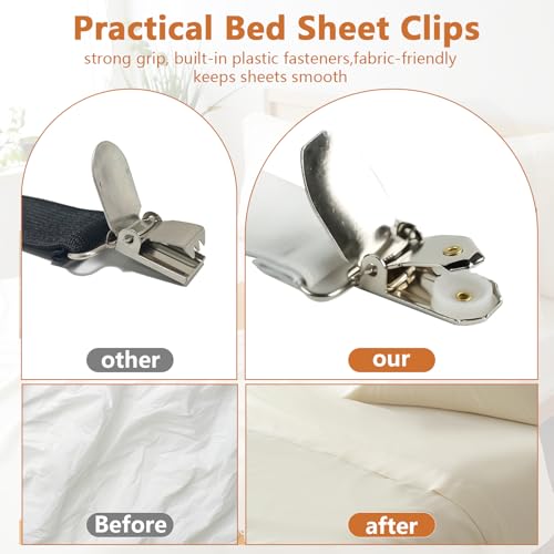 Adjustable Bed Sheet Straps with Metal Clips - 4-Pack Corner Fasteners, White