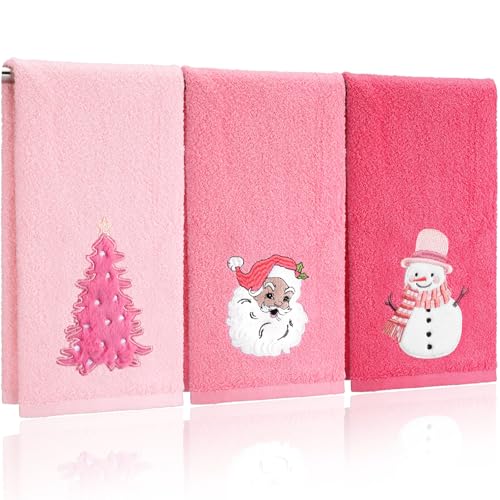 Pink Christmas Hand Towels Set 3 - 13.78 x 29.53 in with Santa Claus Design, 100% Cotton