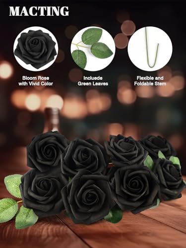 30PCS Black Artificial Roses with Bendable Stems for Weddings & Decor