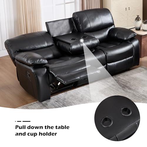3-Seat Faux Leather Manual Reclining Sofa with Drop-Down Table and Cup Holders
