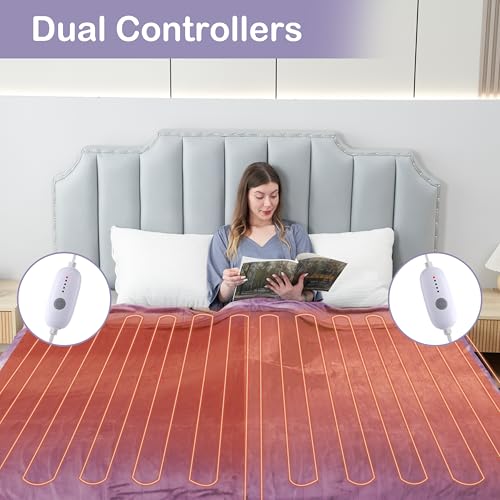 Electric Heated Blanket Queen Size - Soft Microplush with Dual Controllers & 5 Heat Levels