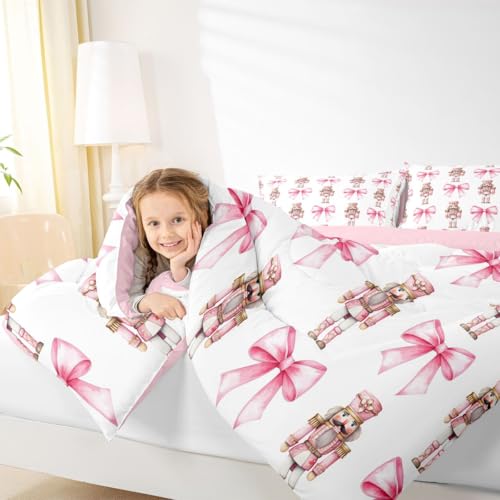 Pink White Twin Bedding Set with Christmas Nutcracker & Bowknot - All Season Girls Bedroom Decor