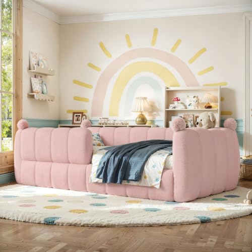 Twin Size Upholstered Montessori Floor Bed with Safety Rails, Pink