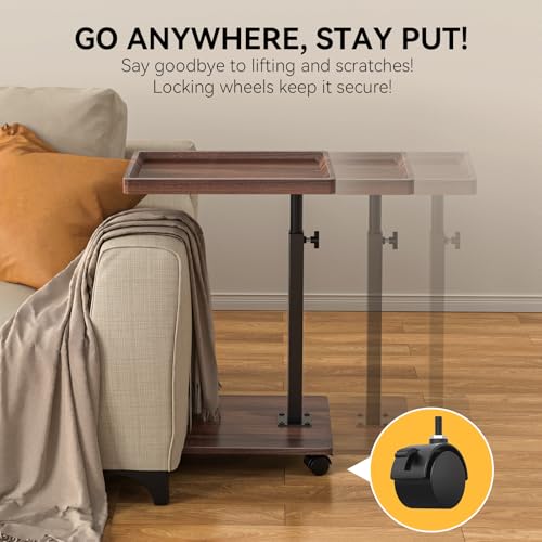 Adjustable C-Shaped End Table - Rolling 360° Swivel TV Tray, Walnut