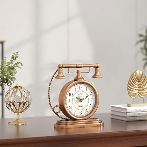 Vintage Telephone Table Clock, Gold Antique Style Mantel Clock 7.3 Inch