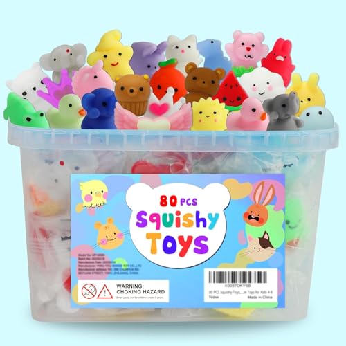 80 Pcs Mochi Squishy Toys Bulk Party Favors with Storage Bucket