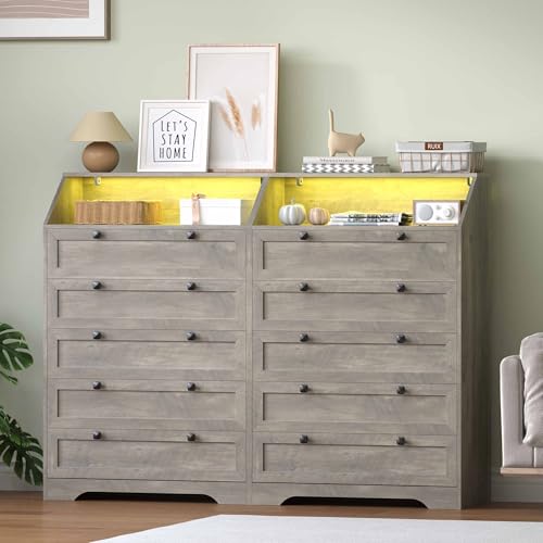 5-Drawer Tall Dresser with LED Lights, Charging Station, and Storage