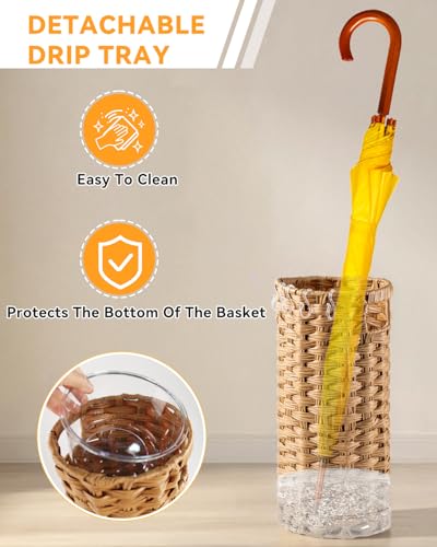 Woven Rattan Umbrella Stand with Drip Tray, Door Mat, and Hooks