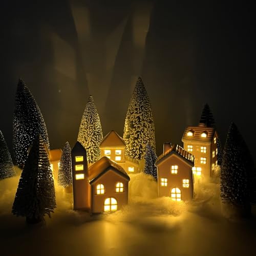White Ceramic Christmas Village Set - 5 Houses, 9 Mini Trees & Snow