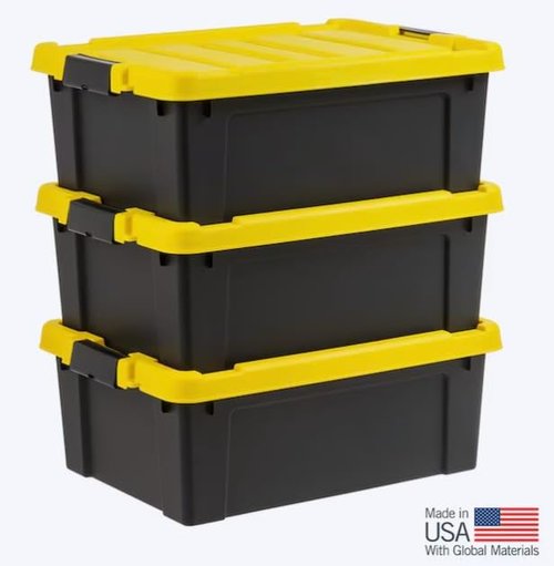 Heavy Duty Storage Tote - 12-Gallon Stackable Bins with Latching Lid | Black 3-Pack
