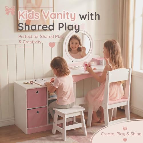 Kids Vanity Set with Lighted Mirror, Dual-Height Dress-Up Station and Chair