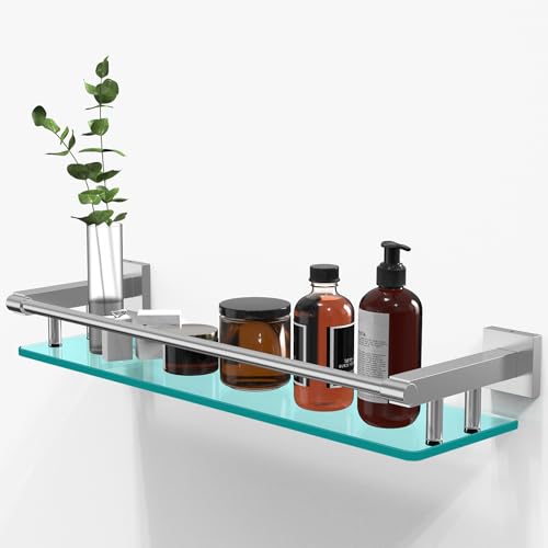 20-Inch Tempered Glass Bathroom Wall Shelf with Brushed Nickel Railing
