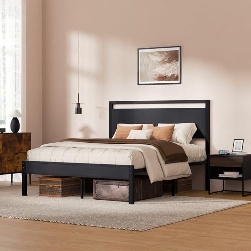 Queen Bed Frame with Wooden Headboard and Footboard, Metal Platform Bed