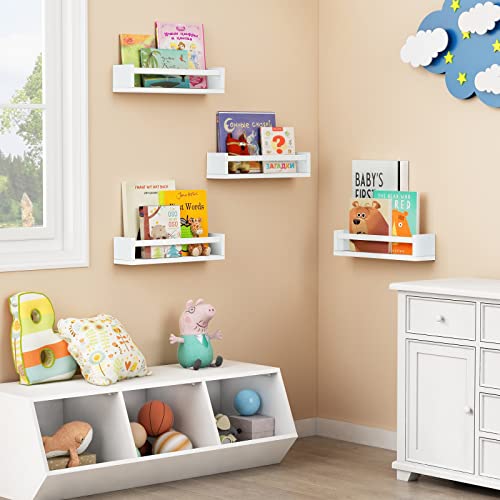 Floating Nursery Book Shelves - Set of 4 White Wood Wall Shelves for Kids Room