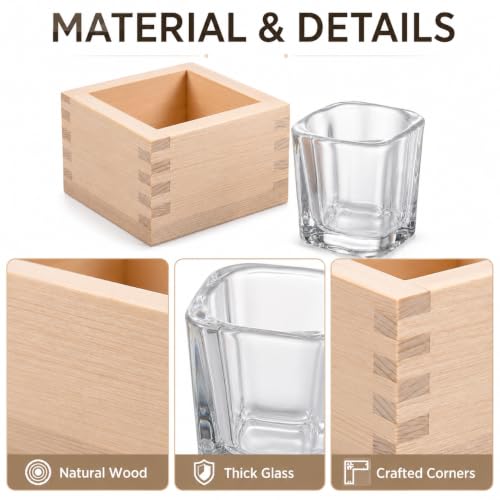 Japanese Sake Cups Set with Square Glass & Wooden Box | Traditional Drinkware