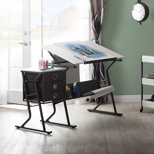 Adjustable Drafting Table and Stool Set with Storage Drawers