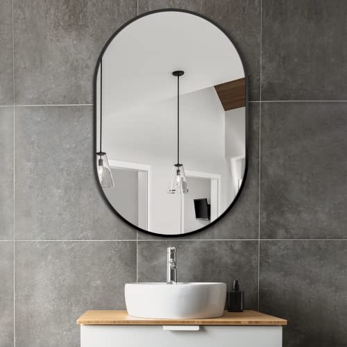 36x24 Oval Bathroom Mirror with Black Aluminum Frame - HD Vanity Wall Mirror