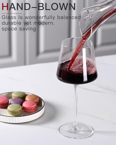 Physkoa Set of 6 Red Wine Glasses - 18oz Hand Blown Crystal Tall Stem Modern Square Bowls