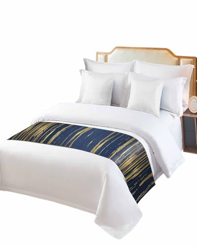 Navy Blue & Gold Line Satin Bed Runner - Modern Bed Scarf for Queen Bed