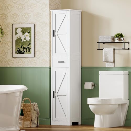 67-Inch Tall Narrow Bathroom Storage Cabinet with 6 Shelves and Drawer