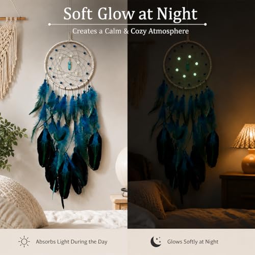 Luminous Blue Dream Catcher with Gemstone, 18-Inch Handmade Wall Decor