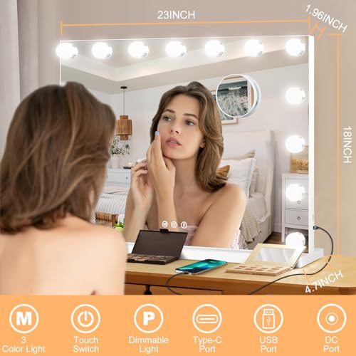 Moonee White 23 x 18 Inch Lighted Vanity Mirror with Dimmable Bulbs & 10X Magnifier