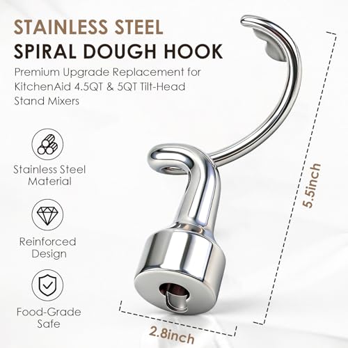 Stainless Steel Spiral Dough Hook for 4.5/5QT Tilt-Head Stand Mixers