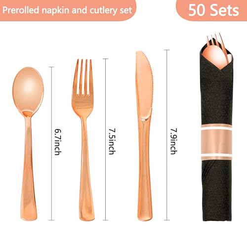 50 Pack Rose Gold & Black Plastic Silverware Set with Napkins - Disposable Party Utensils