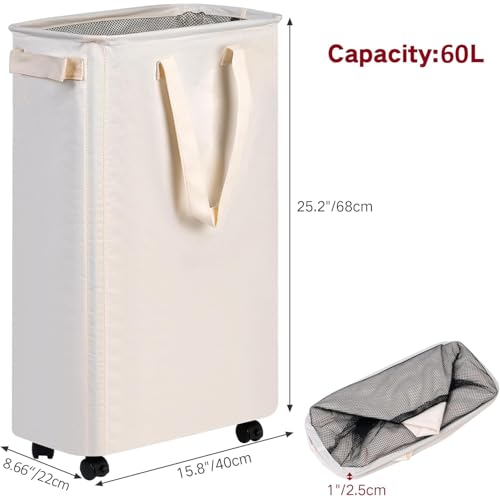 Slim Laundry Hamper with Wheels, 60L Rolling Laundry Basket for Small Spaces