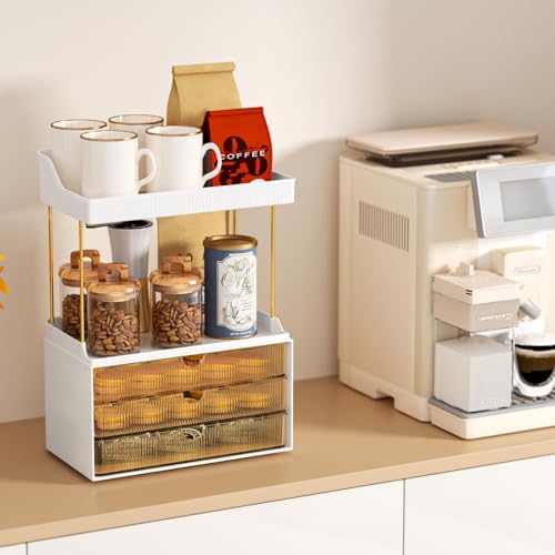 5-Tier Acrylic Makeup Organizer with 3 Drawers, Gold Frame Vanity Storage