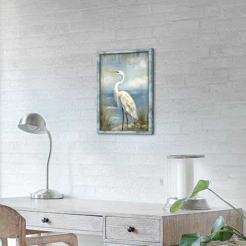 Coastal Heron Wooden Wall Art 11x16 Inch Framed Seascape Beach Decor