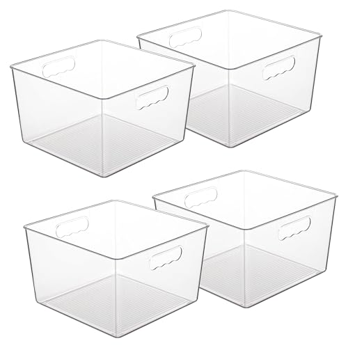Clear Plastic Storage Bins with Handles 4-Pack Extra Large 11x11 Cube Organizer for Pantry and Closet