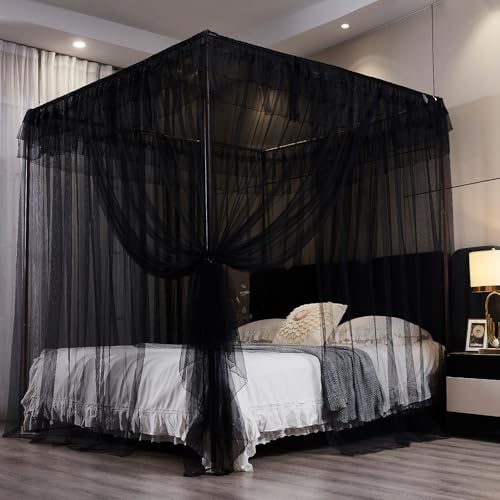 Black 4-Poster Bed Canopy Curtains - Queen Size Mosquito Netting