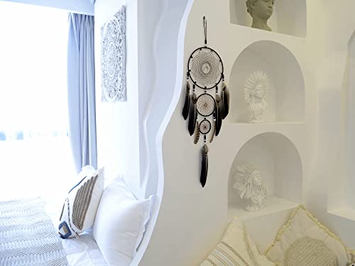 Large Three-Ring Brown Dream Catcher with Feathers and Moon Pendant