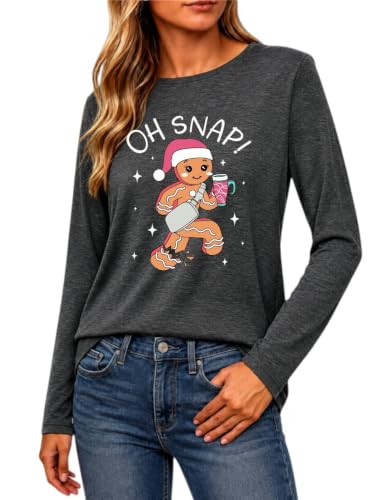 YAQPWFH Oh Snap Gingerbread Shirt for Women Grey Large – Funny Xmas Long Sleeve