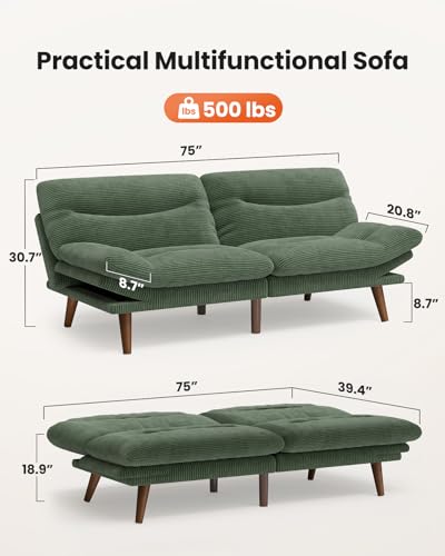 Convertible Corduroy Futon Sofa Bed with Adjustable Backrest, Forest Green