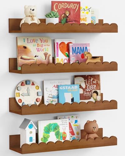 Scalloped Wooden Floating Wall Shelves for Nursery - Set of 4, Walnut