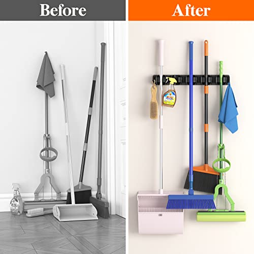 Wall Mounted Mop and Broom Holder Organizer with 5 Slots and 6 Hooks