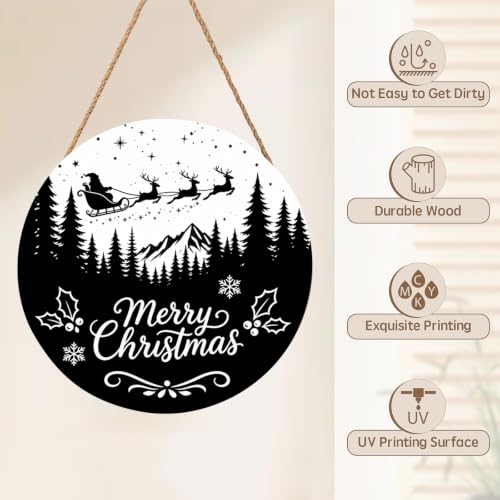 Winter-Merry Christmas Black 12x12 Inch Wooden Door Sign with Snowflakes & Trees