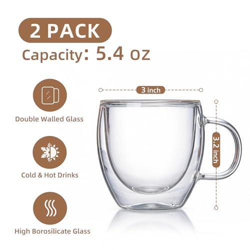 Double Wall Insulated Espresso Shot Cups Set of 2 - Clear Borosilicate Glass Demitasse Mugs with Handles