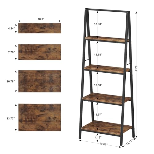 4-Tier Leaning Ladder Bookshelf, Industrial Wood Storage Rack for Home Office