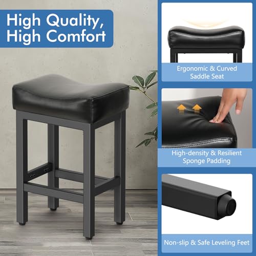 24-Inch Counter Height Bar Stools, Set of 2 Leather Saddle Stools with Metal Base